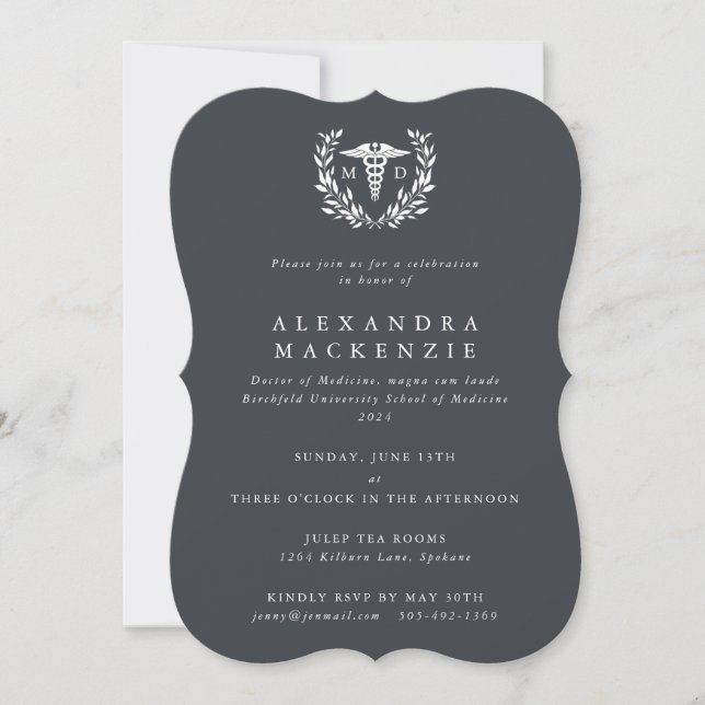 Grey MD Caduceus+Laurel Wreath Graduation Invitation (Front)