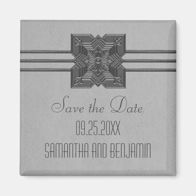 Grey Medallion Border Save the Date Magnet (Front)