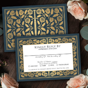 Grey Mediaeval Gold Sword Royal Wedding RSVP Card