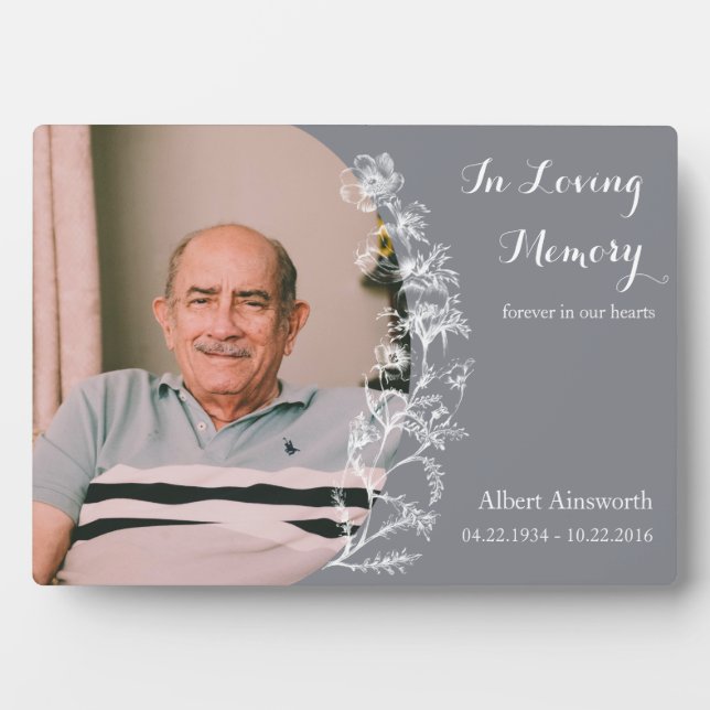 Grey Memorial Photo Plaque Vintage Sketch Flower (Front)