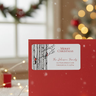 Grey Merry Christmas Cardinals Birch Branches Label
