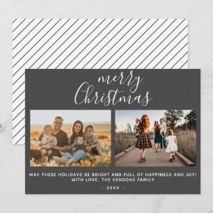 Grey Merry Christmas Script Family Photo Collage Holiday Card