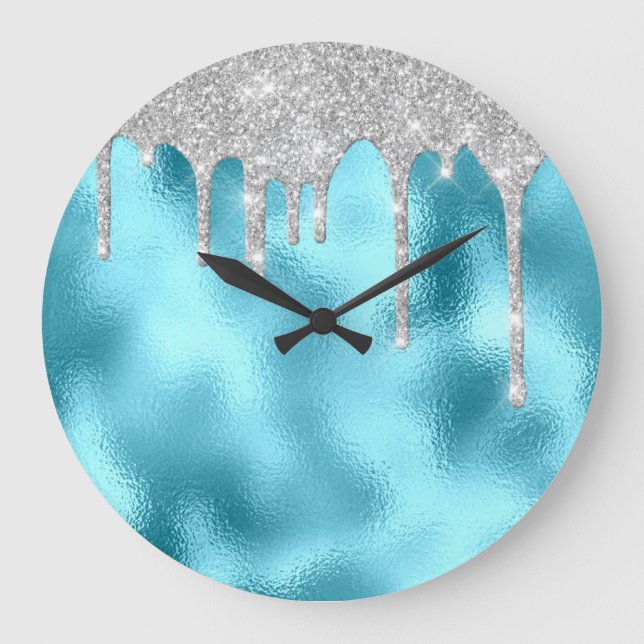 Grey Metal Spark Glitter Drip Ocean Glitter Large Clock (Front)