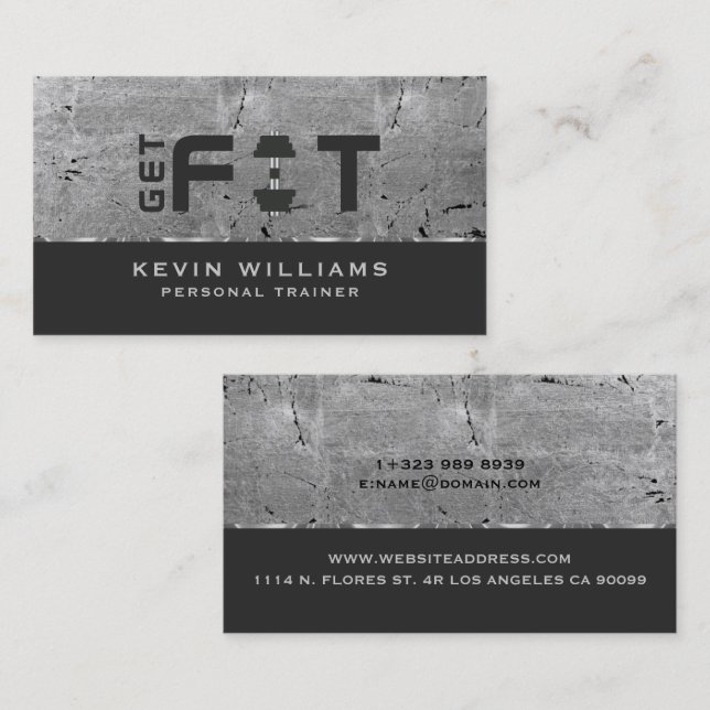 Grey Metallic Grunge Texture Fitness Trainer Business Card (Front/Back)