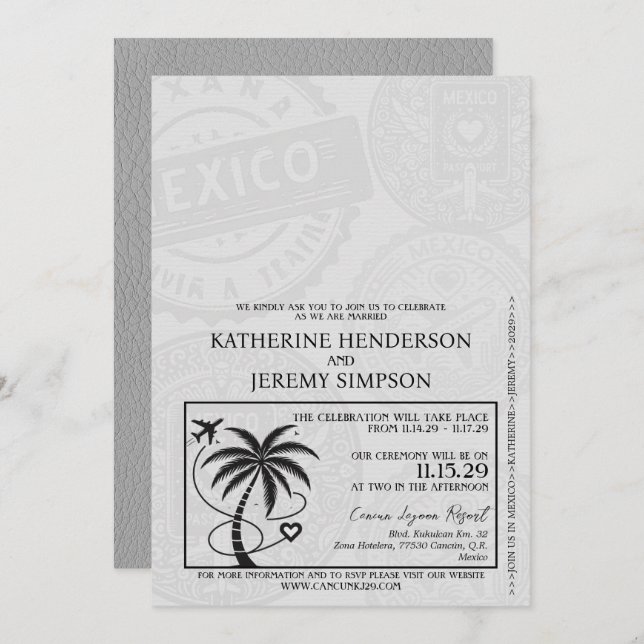 Grey Mexico Passport Wedding Invitation (Front/Back)