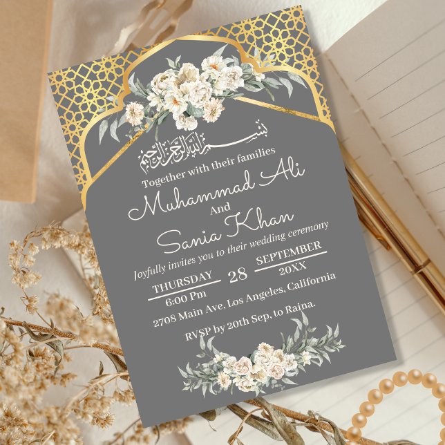Grey Minimal Floral Gold  Islamic Muslim Wedding Invitation (Creator Uploaded)