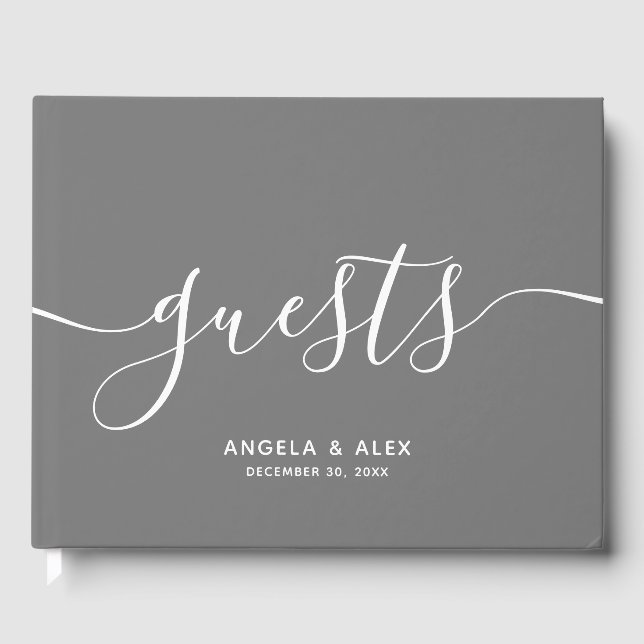Grey Minimalist Calligraphy Script Wedding Guest Book (Front)