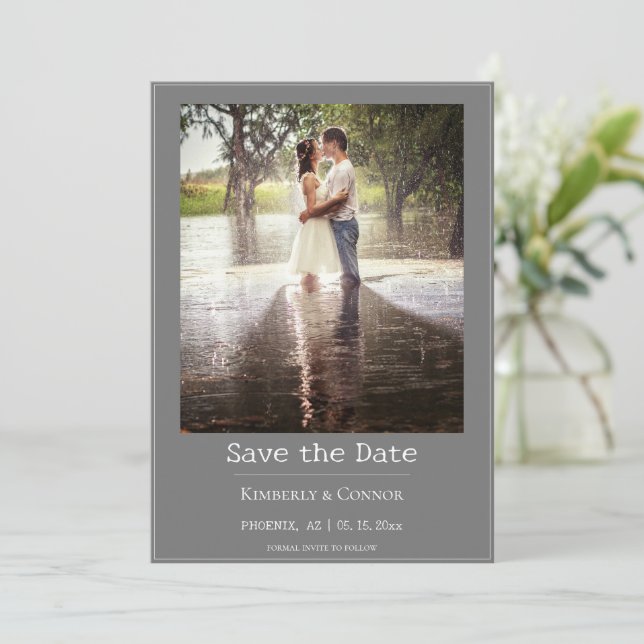 Grey Minimalist Modern Photo  Save The Date (Standing Front)