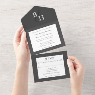 Grey Minimalist Monogram Wedding All In One Invitation