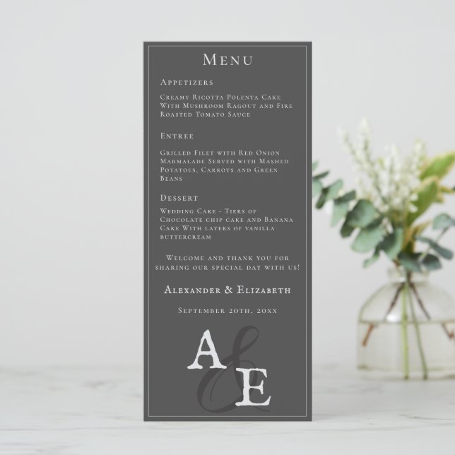Grey Minimalist Monogram Wedding Menu (Standing Front)