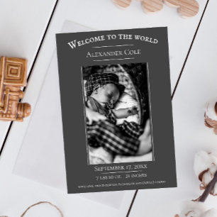 Grey Minimalist Photo Birth Announcement