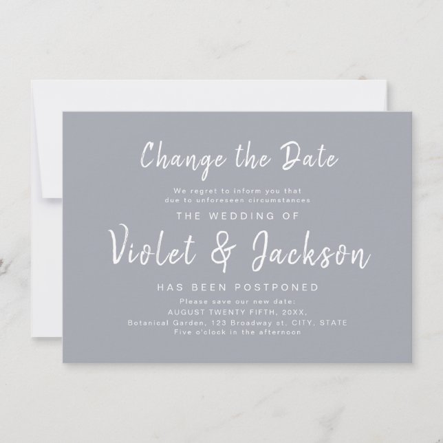 Grey minimalist script change the date wedding invitation (Front)