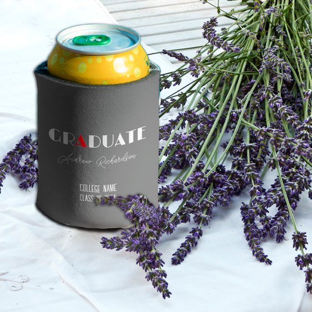 Grey minimalist white red graduation name can cooler (Creator Uploaded)