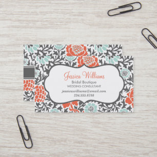 Grey Mint and Coral Retro Floral Damask Business Card