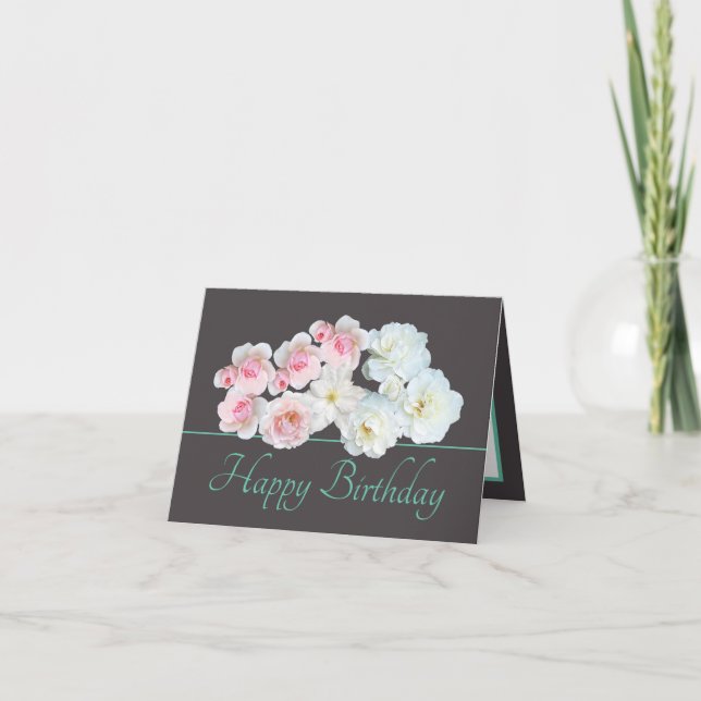 Grey Mint Chic Bouquet White Pink Roses Birthday Card (Front)