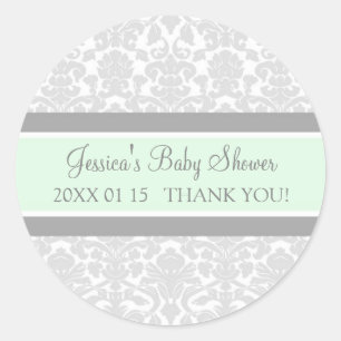 Grey Mint Damask Baby Shower Favour Stickers
