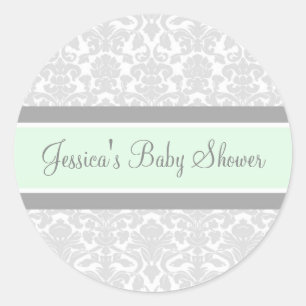 Grey Mint Damask Baby Shower Favour Stickers
