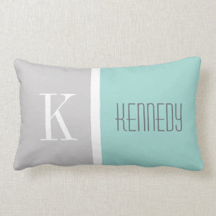 Grey Mint Green Colour Block Monogram Name Lumbar Cushion