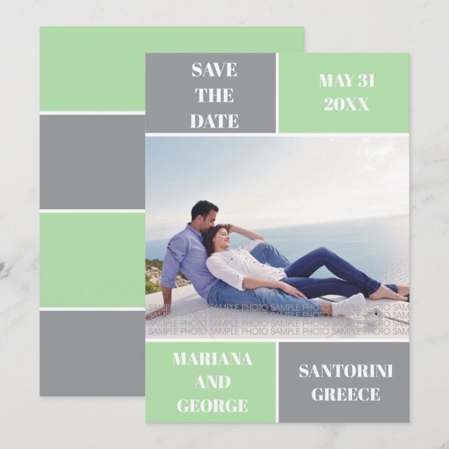 Grey, mint green colour block wedding Save the Dat Date (Front/Back)