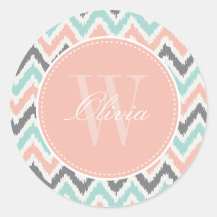 Grey Mint Peach Zigzag Ikat Pattern Monogram Classic Round Sticker