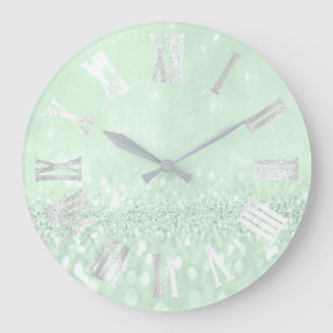 Grey Mint Silver Glitter Metal Roman Numers Large Clock