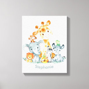 Grey Mint Watercolor Cute Safari Jungle Animals Canvas Print