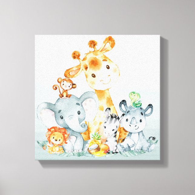 Grey Mint Watercolor Cute Safari Jungle Animals Canvas Print (Front)