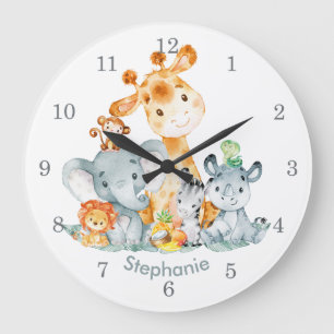 Grey Mint Watercolor Cute Safari Jungle Animals Large Clock