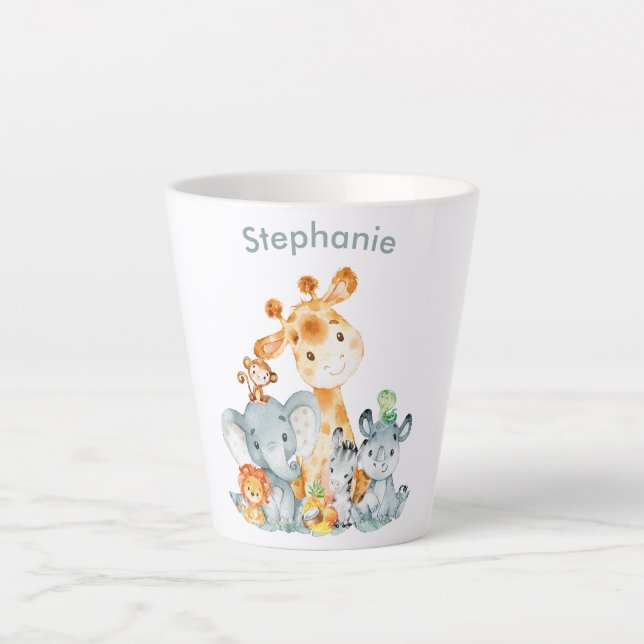 Grey Mint Watercolor Cute Safari Jungle Animals Latte Mug (Front)