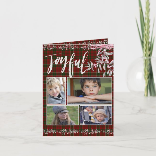 Grey Mistletoe Red Green Christmas Plaid Joyful Holiday Card (Front)