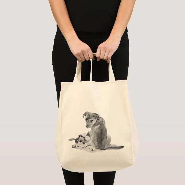 grey mixed breed with teddy cute puppy dog tote bag (Front (Product))