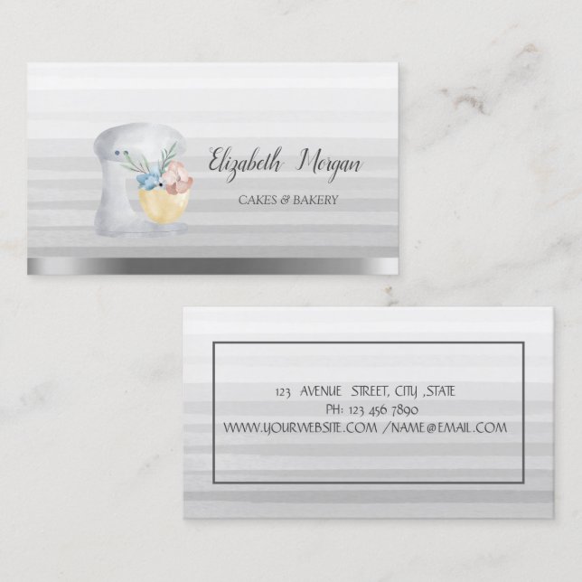 Grey Mixer Flowers Stripe Ombre Bakery Business Card (Front/Back)
