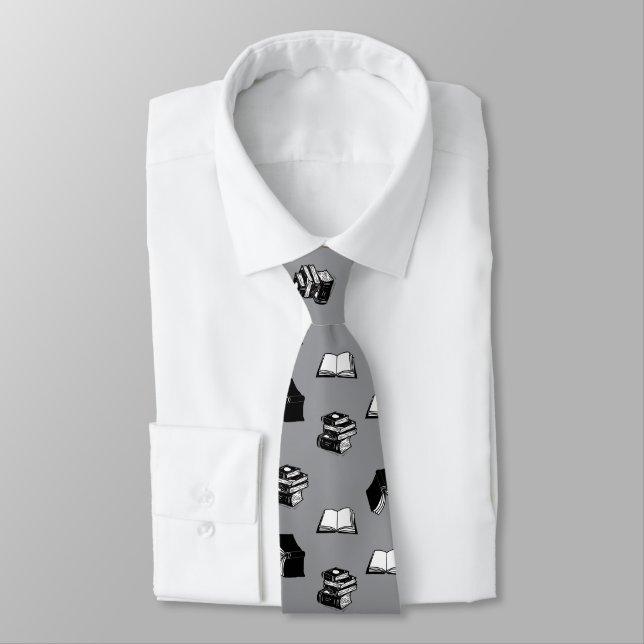 Grey Modern Bookish Bibliophile Book Pattern Tie (Tied)