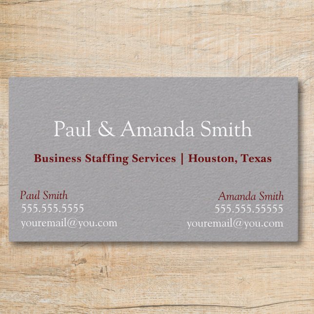 Grey Modern Business Card With 2 Names & Contact (Grey business card with slot for two names professional  white and maroon text, 2 contacts)
