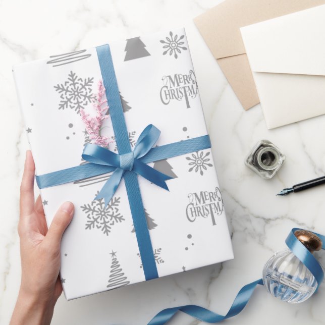 Grey Modern Christmas Tree and Snow flakes Gift Wrapping Paper (Gifting)
