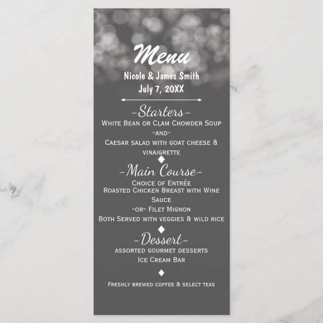 Grey Modern Minimal Lights Elegant Glam Party Menu (Front)