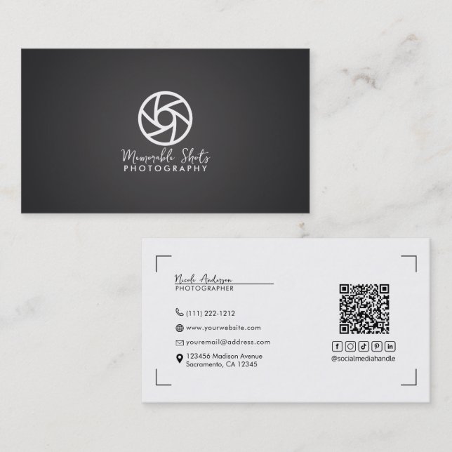Grey Modern Minimal Logo Photographer  Business Card (Front/Back)