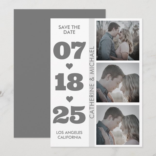  Grey Modern Minimalist Bold Date Three Photo  Save The Date (Front/Back)