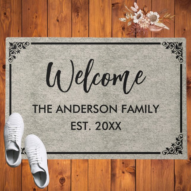 Grey | Modern Monogram The Family Name Welcome Doormat (Creator Uploaded)