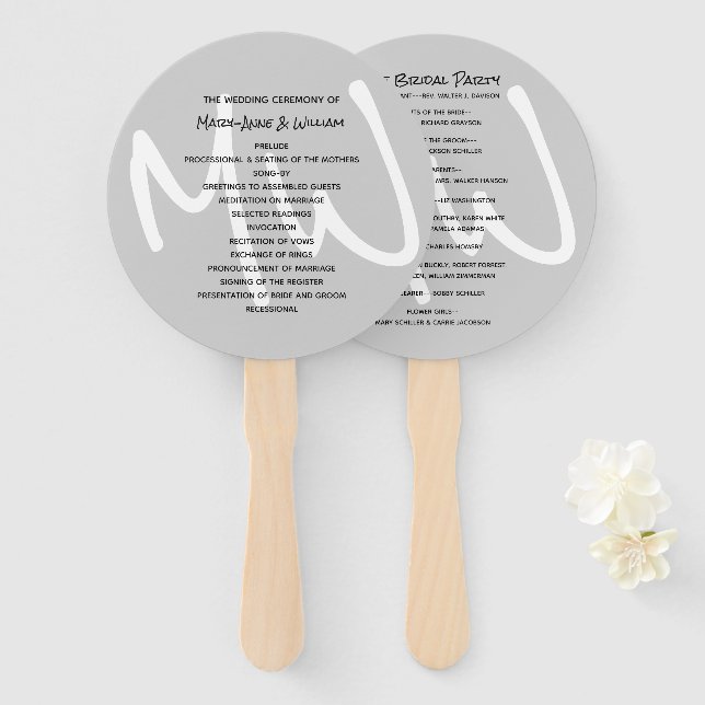 Grey Modern Monogram Wedding Program Fan (Front and Back)