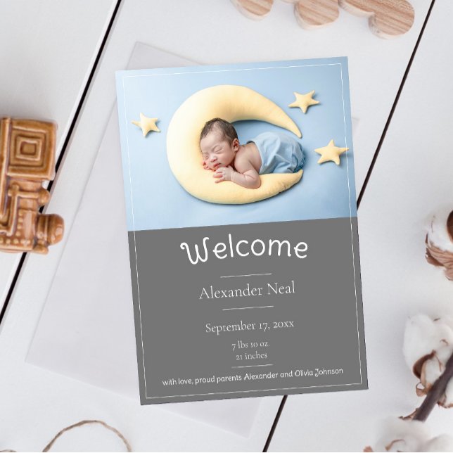Grey Modern Photo Birth Announcement (Gray Modern Photo Birth Announcement)