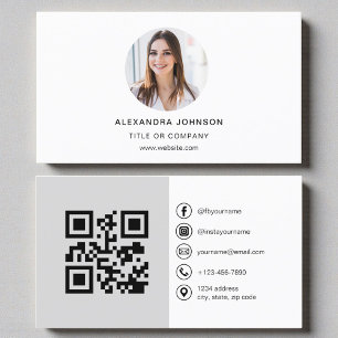 Grey Modern Photo with QR Code Social Media Business Card