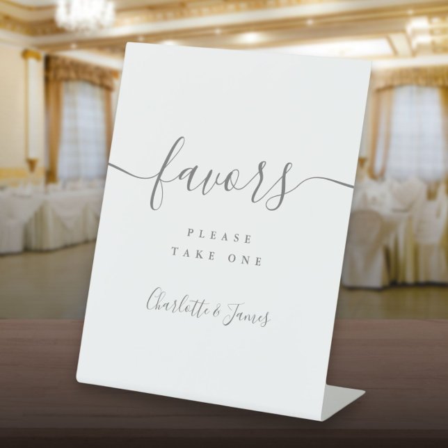 Grey Modern Script Wedding Favours Table Pedestal Sign (Gray Modern Script Wedding Favors Table Pedestal Sign)