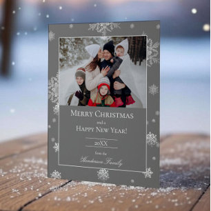 Grey Modern Snowflakes Flat Holiday Photo Card