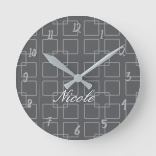 Grey Modern Squares Geometric Personalised Office Round Clock