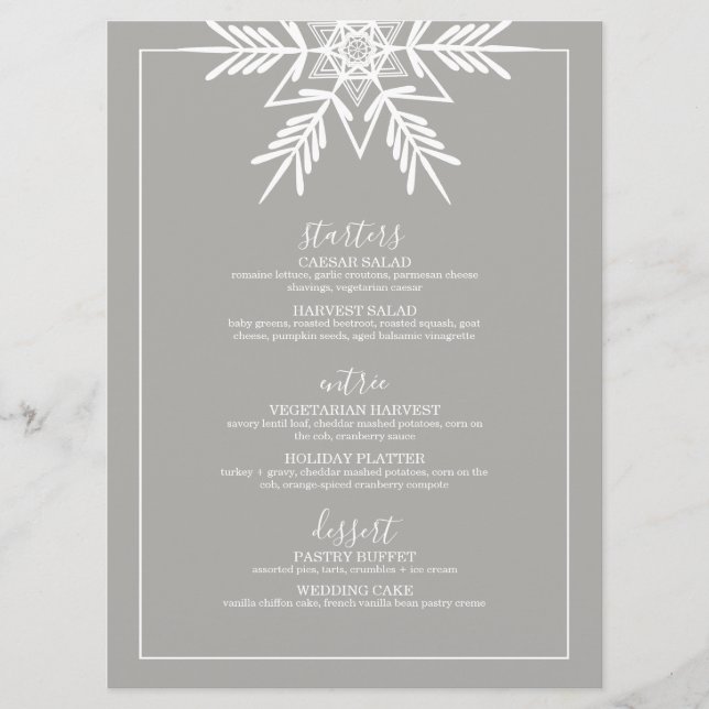 grey modern WINTER WONDERLAND wedding Menu (Front)