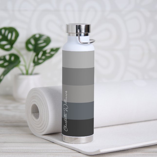 GREY MONOCHROME COLOR STRIPE LINE PATTERN NAME WATER BOTTLE (Yoga)