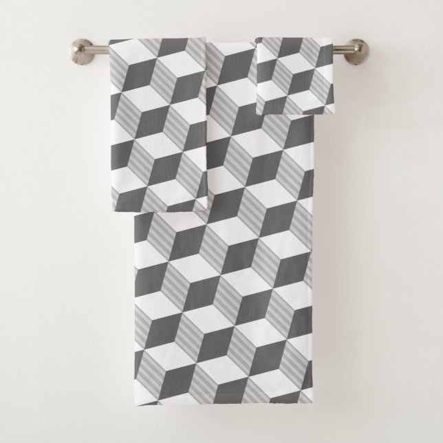 Grey Monochrome Diamond Shapes Design - Towel Set (Insitu)