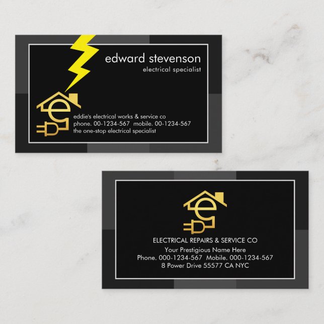 Grey Monochrome Frame Yellow Lightning Business Card (Front/Back)
