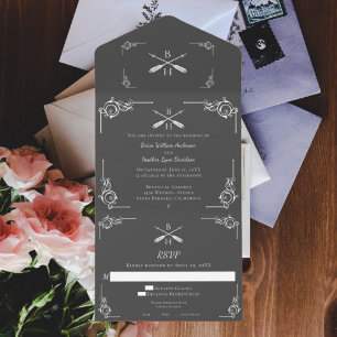 Grey Monogram and Arrows Wedding All In One Invitation